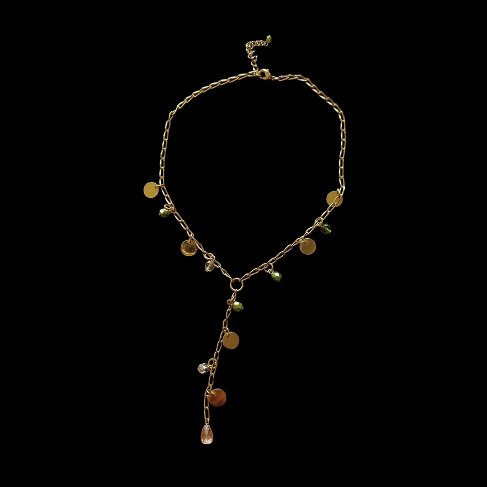 Boho Gold Y Necklace with Dangling Coins & Green Accents